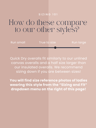 Sizing guide for Quick Dry overalls with text on a pink background