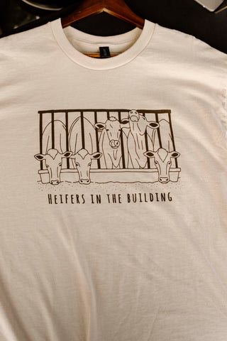 White t-shirt with black graphic of cows and text 'Heifers in the Building' on a hanger.