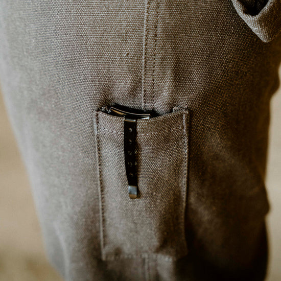 Close-up of a pocket on a textured fabric surface